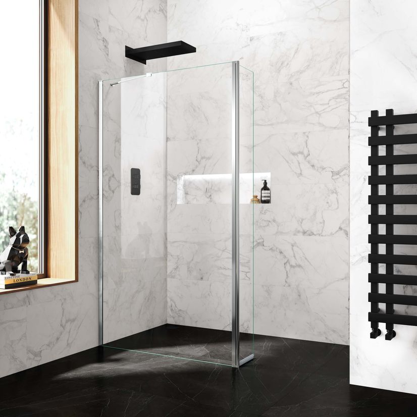 Copenhagen Easy Clean 8mm Wet Room Shower Glass 1200mm & 250mm Pivotal Return Panel