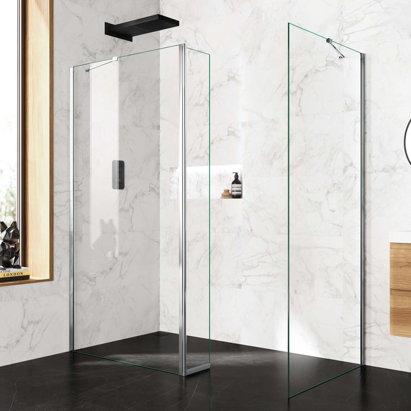 Copenhagen Easy Clean 8mm Walk In Shower Enclosure 1000mm & 900mm Glass with Pivotal Return Panel