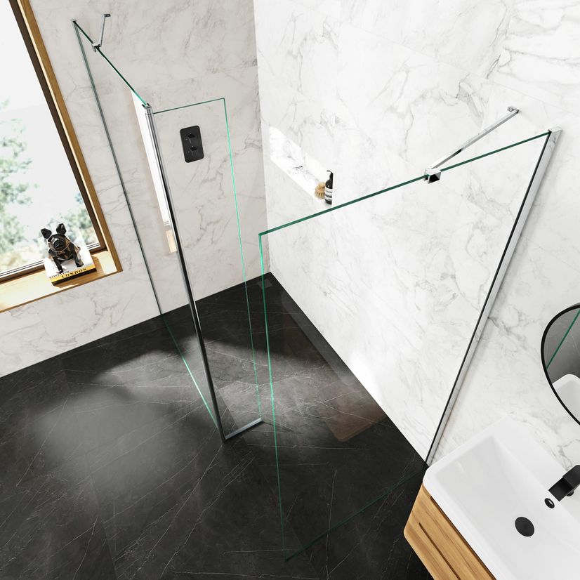 Copenhagen Easy Clean 8mm Walk In Shower Enclosure 1100mm & 900mm Glass with Pivotal Return Panel