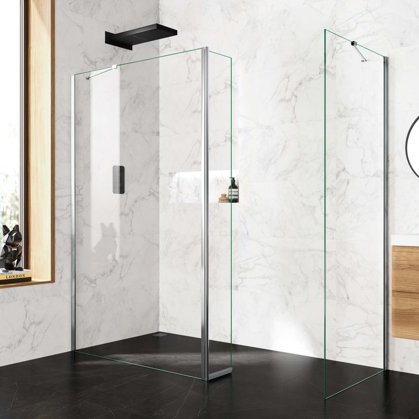 Copenhagen Easy Clean 8mm Walk In Shower Enclosure 1200mm & 700mm Glass with Pivotal Return Panel