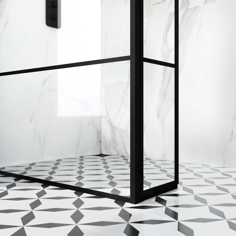 Munich Matt Black Grid 8mm Wet Room Shower Glass 900mm & 250mm Pivotal Return Panel
