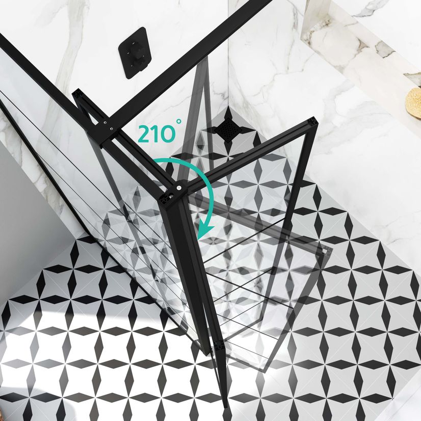 Munich Matt Black Grid 8mm Wet Room Shower Glass 900mm & 250mm Pivotal Return Panel