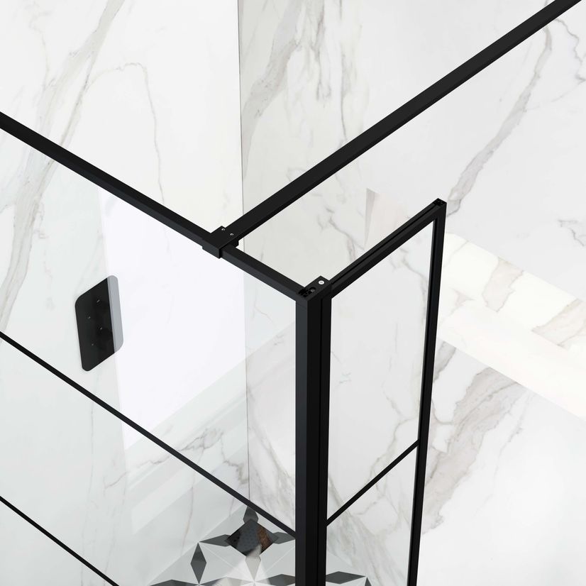 Munich Matt Black Grid 8mm Wet Room Shower Glass 1000mm & 250mm Pivotal Return Panel