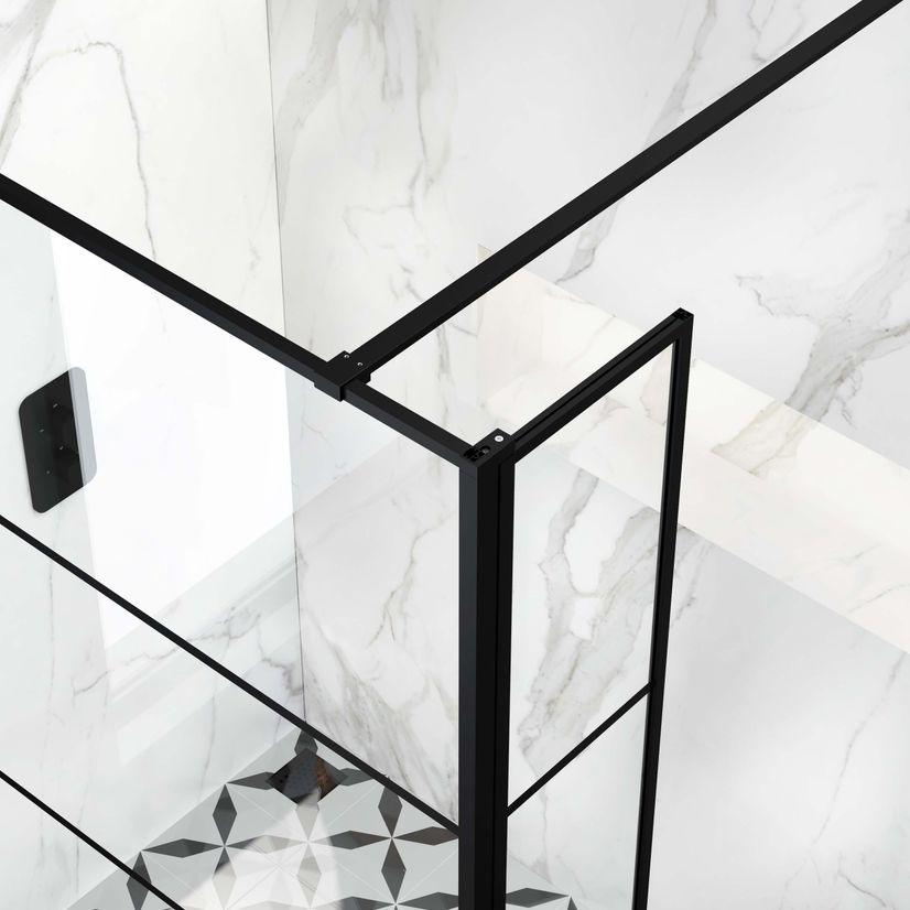 Munich Matt Black Grid 8mm Wet Room Shower Glass 1200mm & 250mm Pivotal Return Panel