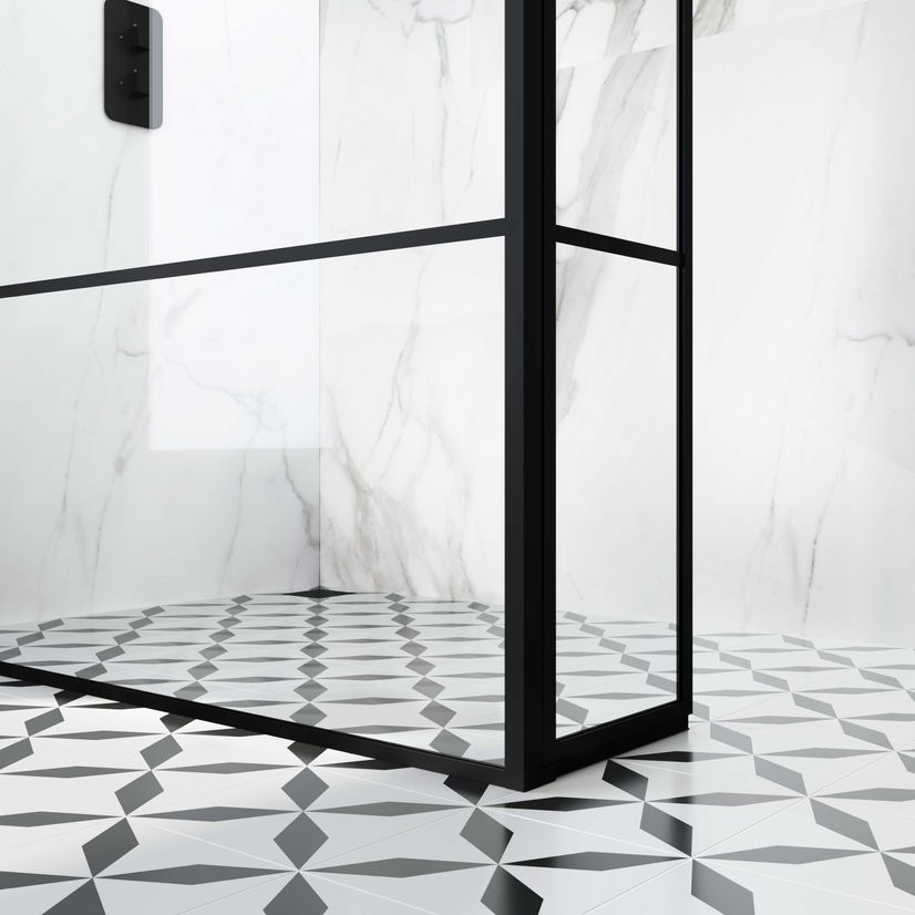 Munich Matt Black Grid 8mm Wet Room Shower Glass 1400mm & 250mm Pivotal Return Panel