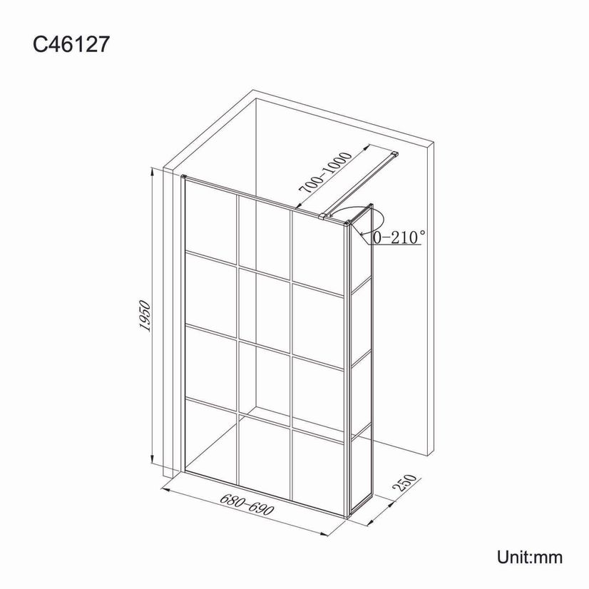 Munich Matt Black Crittall Style 8mm Wet Room Shower Glass 700mm & 250mm Pivotal Return Panel