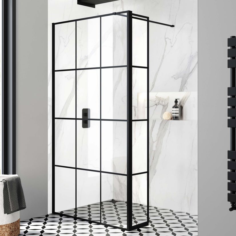 Munich Matt Black Crittall Style 8mm Wet Room Shower Glass 1000mm & 250mm Pivotal Return Panel