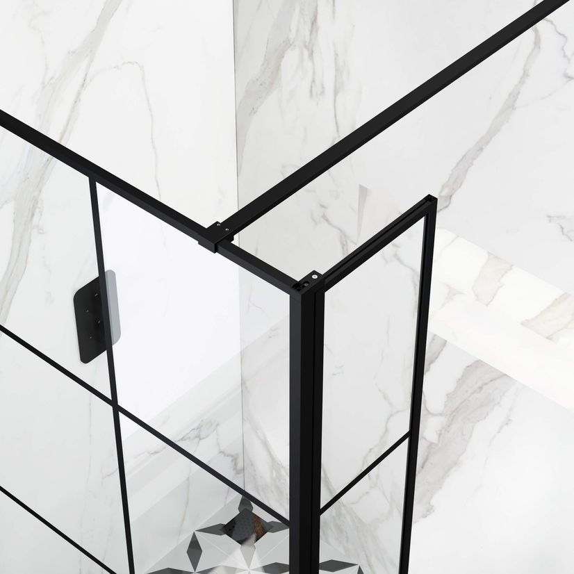 Munich Matt Black Crittall Style 8mm Wet Room Shower Glass 1000mm & 250mm Pivotal Return Panel