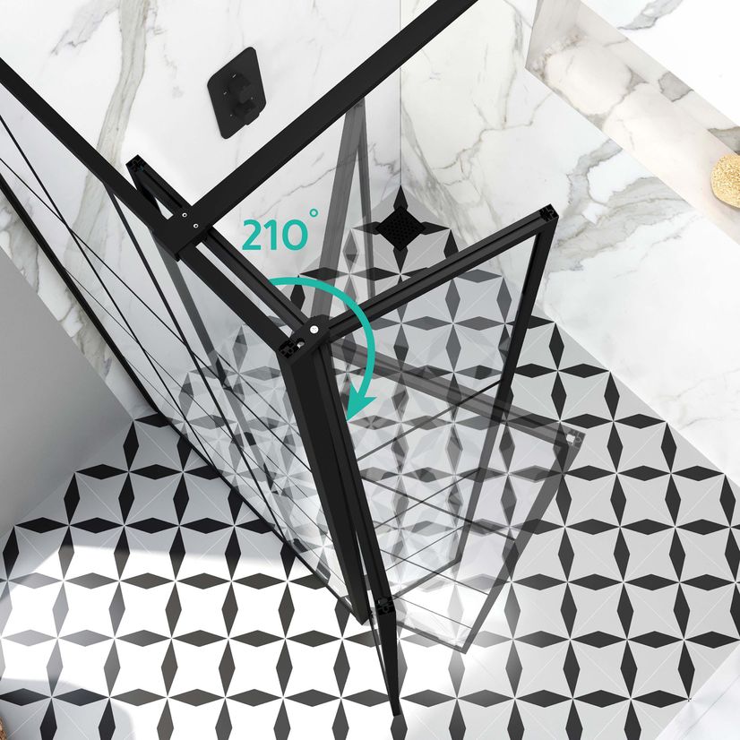 Munich Matt Black Grid 8mm Walk In Shower Enclosure 900mm & 900mm Glass with Pivotal Return Panel