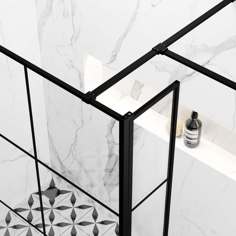 Munich Matt Black Crittall Style 8mm Walk In Shower Enclosure 800mm & 800mm Glass with Pivotal Return Panel