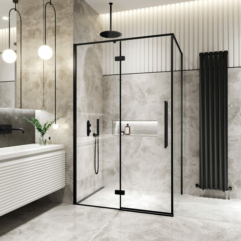 Helsinki Matt Black Premium Easy Clean 8mm Hinged Shower Enclosure 1200x900mm