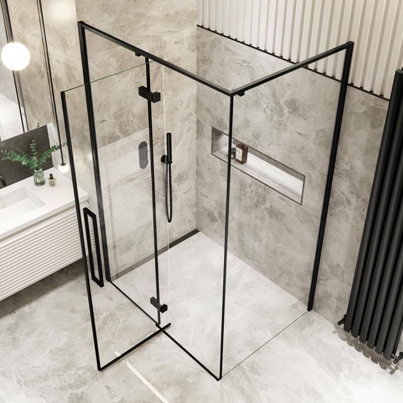 Helsinki Matt Black Premium Easy Clean 8mm Hinged Shower Enclosure 1200x900mm