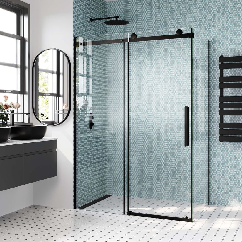 Oslo Matt Black Premium Easy Clean 8mm Sliding Shower Enclosure 1400x900mm
