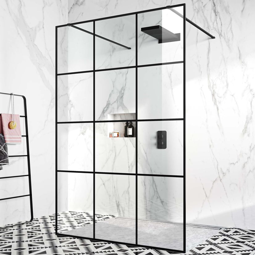 Munich Matt Black Crittall Style 8mm Walk Through Wet Room Shower Glass Panel 1400mm