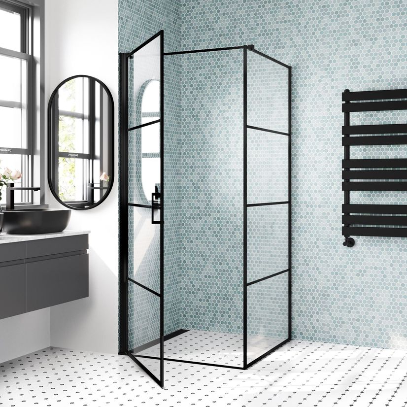 Toulon Matt Black Grid Easy Clean 6mm Pivot Shower Enclosure 900x900mm