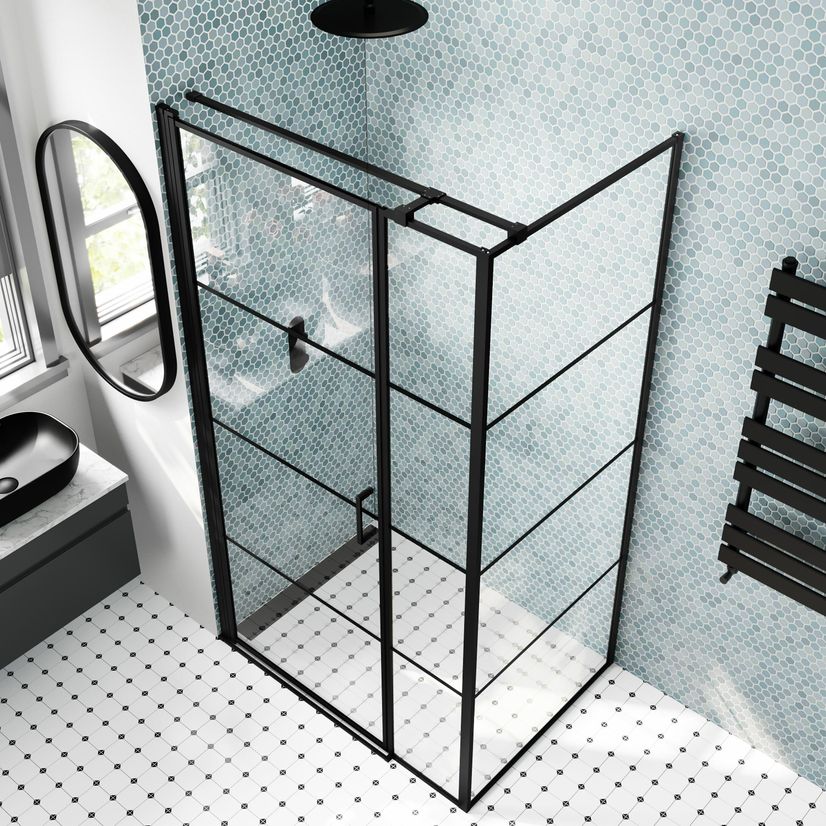 Toulon Matt Black Grid Easy Clean 6mm Pivot Shower Enclosure 1000x800mm