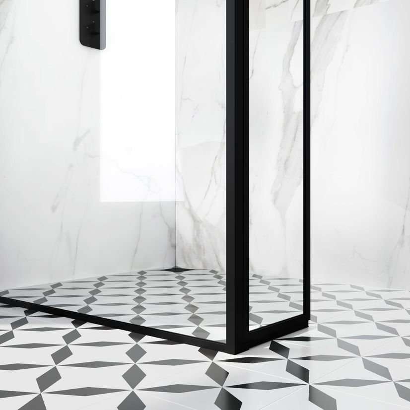 Munich Matt Black Framed 8mm Wet Room Shower Glass 900mm & 250mm Pivotal Return Panel