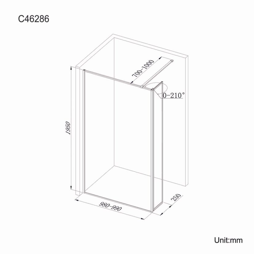 Munich Matt Black Framed 8mm Wet Room Shower Glass 1000mm & 250mm Pivotal Return Panel