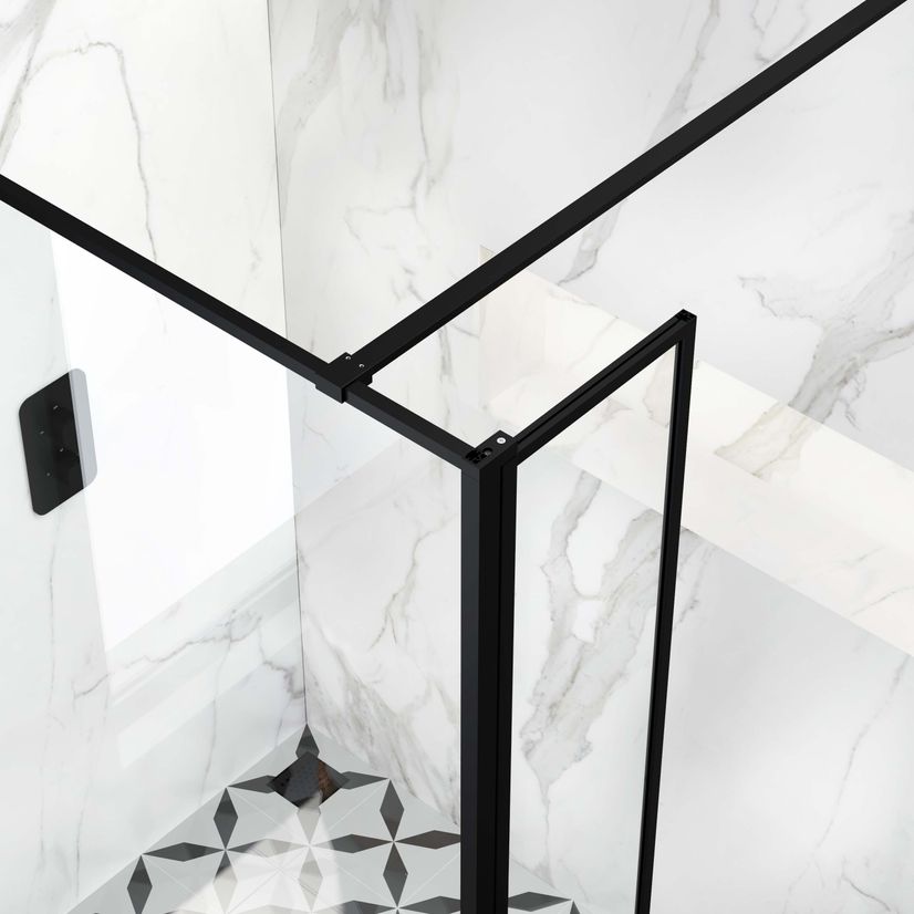 Munich Matt Black Framed 8mm Wet Room Shower Glass 1200mm & 250mm Pivotal Return Panel
