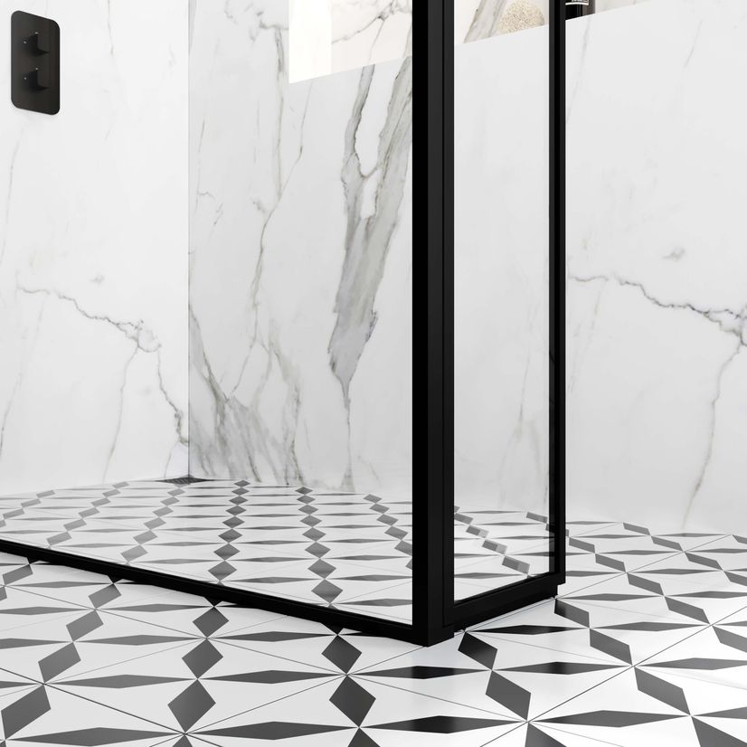 Munich Matt Black Framed 8mm Walk In Shower Enclosure 700mm & 700mm Glass with Pivotal Return Panel