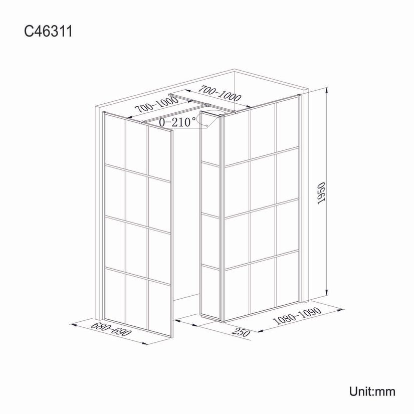 Munich Matt Black Crittall Style 8mm Walk In Shower Enclosure 1100mm & 700mm Glass with Pivotal Return Panel