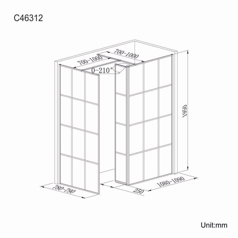 Munich Matt Black Crittall Style 8mm Walk In Shower Enclosure 1100mm & 800mm Glass with Pivotal Return Panel