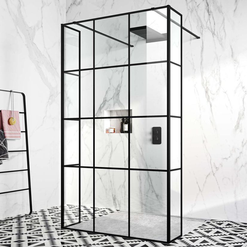 Munich Matt Black Crittall Style 8mm Walk Through Wet Room Shower Glass Panel 1100mm & 250mm Return Panel