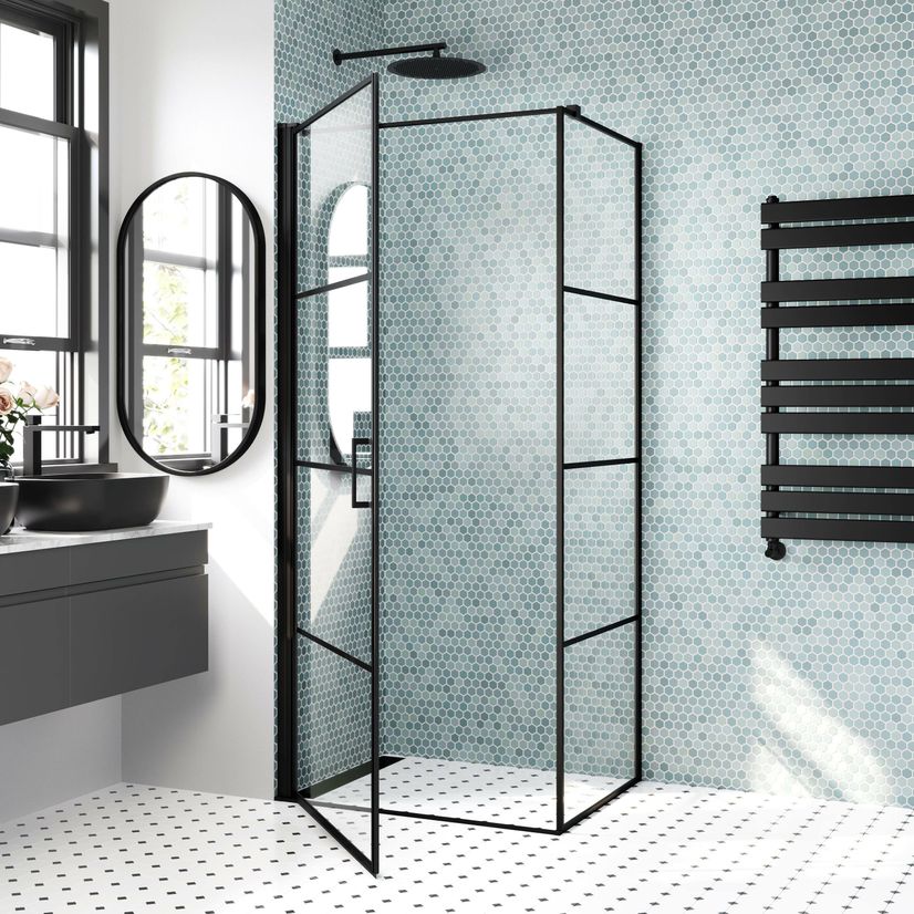 Toulon Matt Black Grid Easy Clean 6mm Pivot Shower Enclosure 900x700mm
