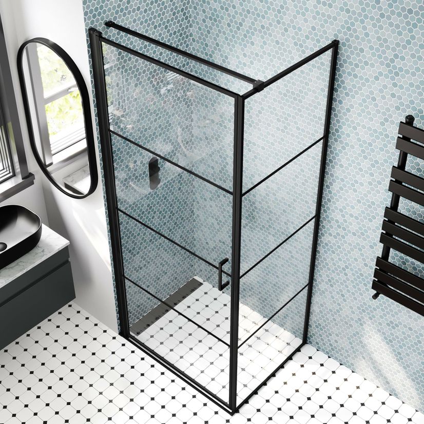 Toulon Matt Black Grid Easy Clean 6mm Pivot Shower Enclosure 900x700mm
