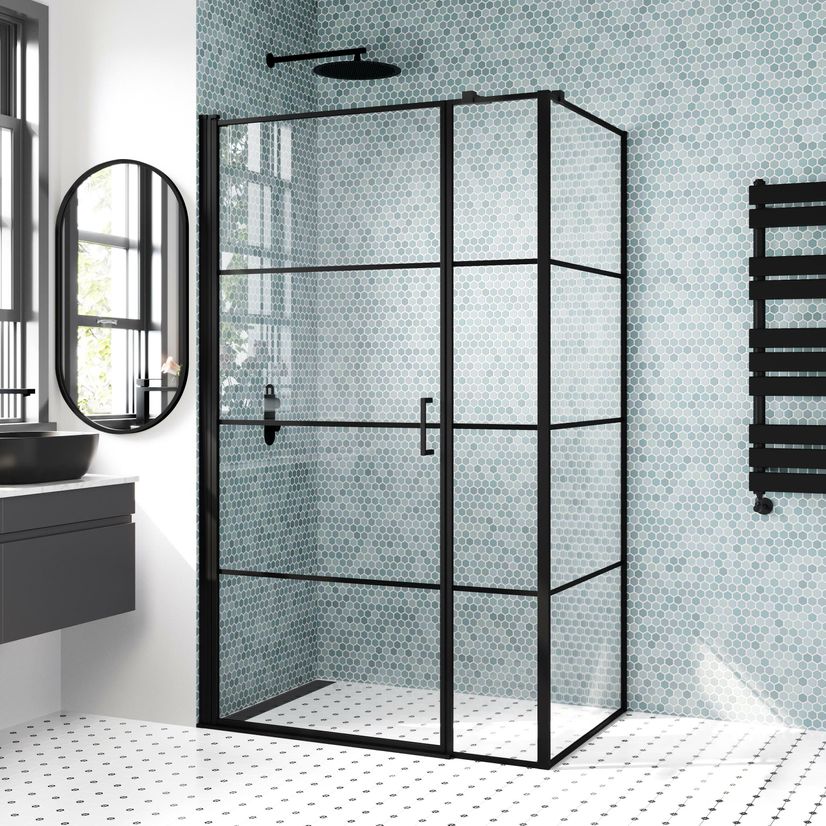Toulon Matt Black Grid Easy Clean 6mm Pivot Shower Enclosure 1200x700mm