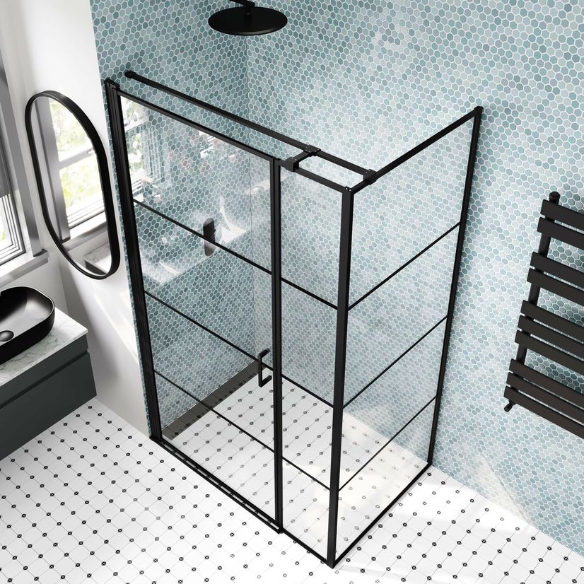 Toulon Matt Black Grid Easy Clean 6mm Pivot Shower Enclosure 1200x700mm