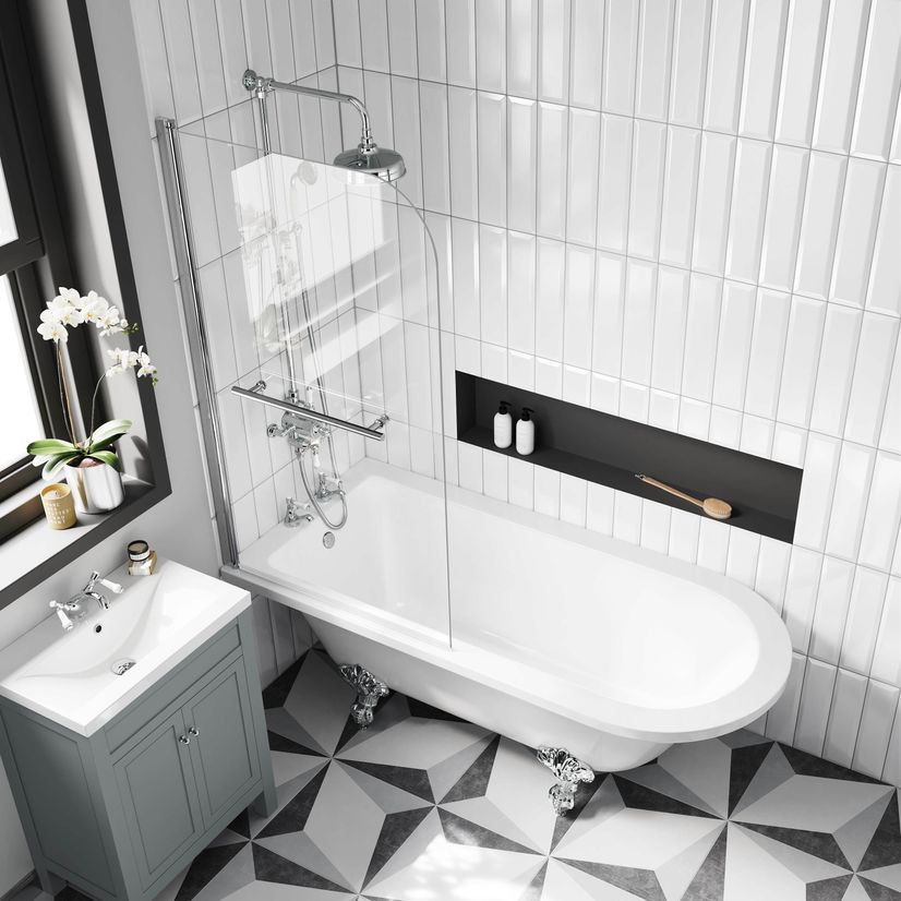 Abingdon 1700 Roll Top Shower Bath - Chrome Ball Feet & 6mm Easy Clean Screen With Rail