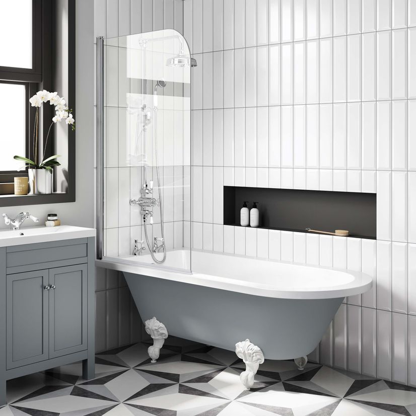 Abingdon 1700 Dove Grey Roll Top Shower Bath - White Ball Feet & 6mm Easy Clean Screen
