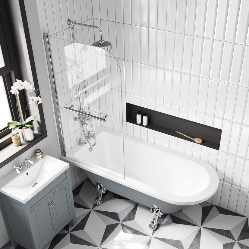 Abingdon 1700mm Dove Grey Roll Top Shower Bath - Chrome Claw Feet & 6mm Easy Clean Screen With Rail