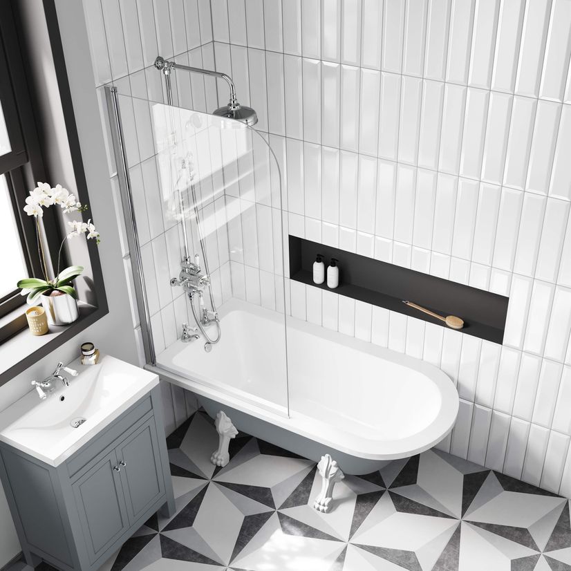 Abingdon 1500mm Dove Grey Roll Top Shower Bath - White Claw Feet & 6mm Easy Clean Screen