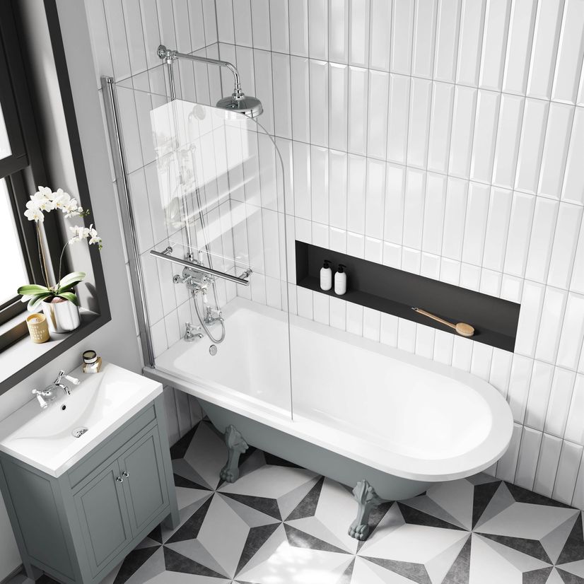 Abingdon 1700mm Dove Grey Roll Top Shower Bath - Grey Claw Feet & 6mm Easy Clean Screen With Rail