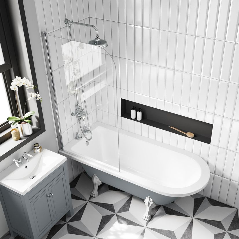 Abingdon 1700mm Dove Grey Roll Top Shower Bath - White Claw Feet & 6mm Easy Clean Screen
