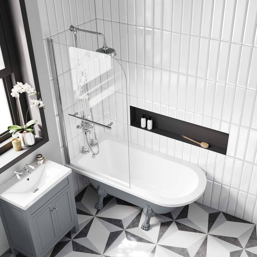 Abingdon 1500mm Dove Grey Roll Top Shower Bath - Grey Claw Feet & 6mm Easy Clean Screen With Rail
