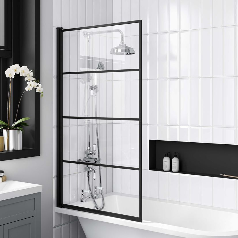 Abingdon 1500 Roll Top Shower Bath - White Ball Feet & 6mm Easy Clean Matt Black Grid Screen