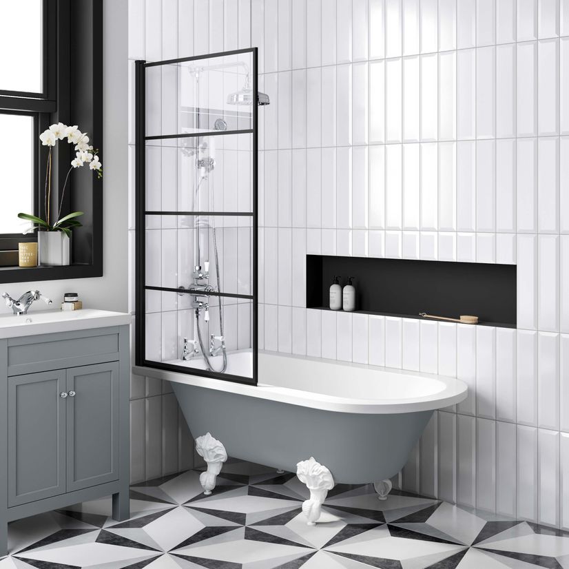 Abingdon 1500 Dove Grey Roll Top Shower Bath - White Ball Feet & 6mm Easy Clean Matt Black Grid Screen