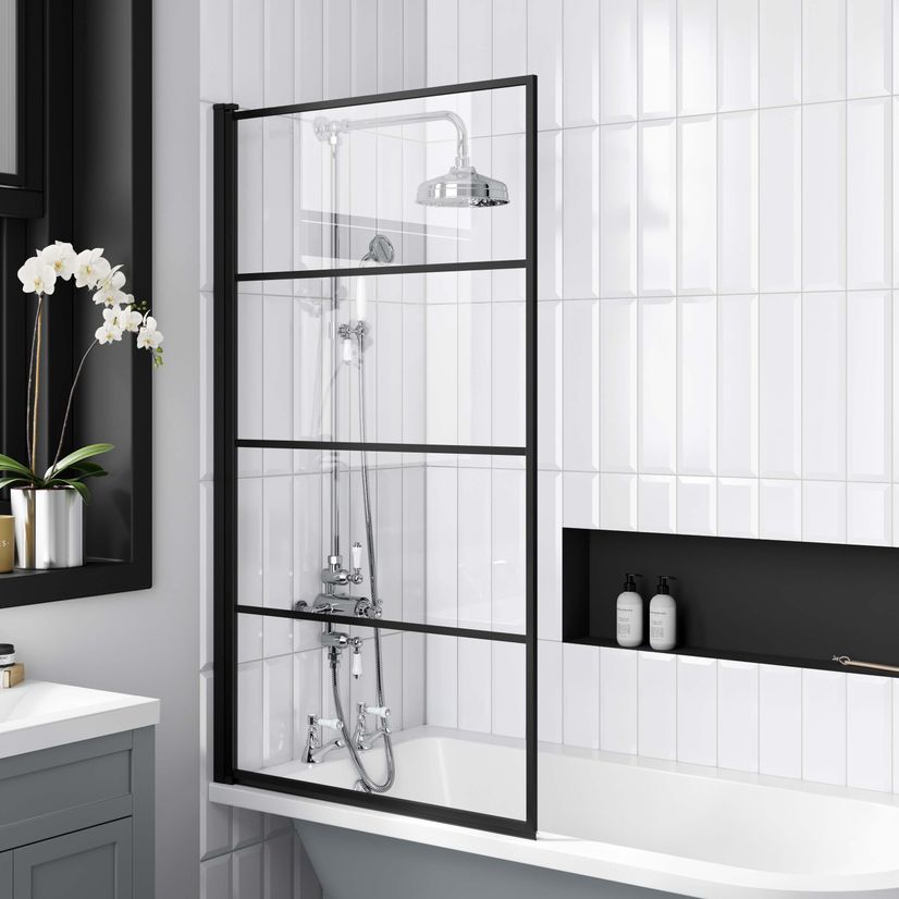 Abingdon 1500 Dove Grey Roll Top Shower Bath - White Ball Feet & 6mm Easy Clean Matt Black Grid Screen