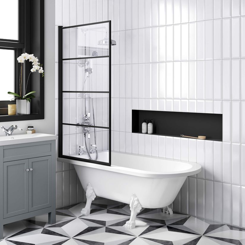 Abingdon 1500 Roll Top Shower Bath - White Claw Feet & 6mm Easy Clean Matt Black Grid Screen