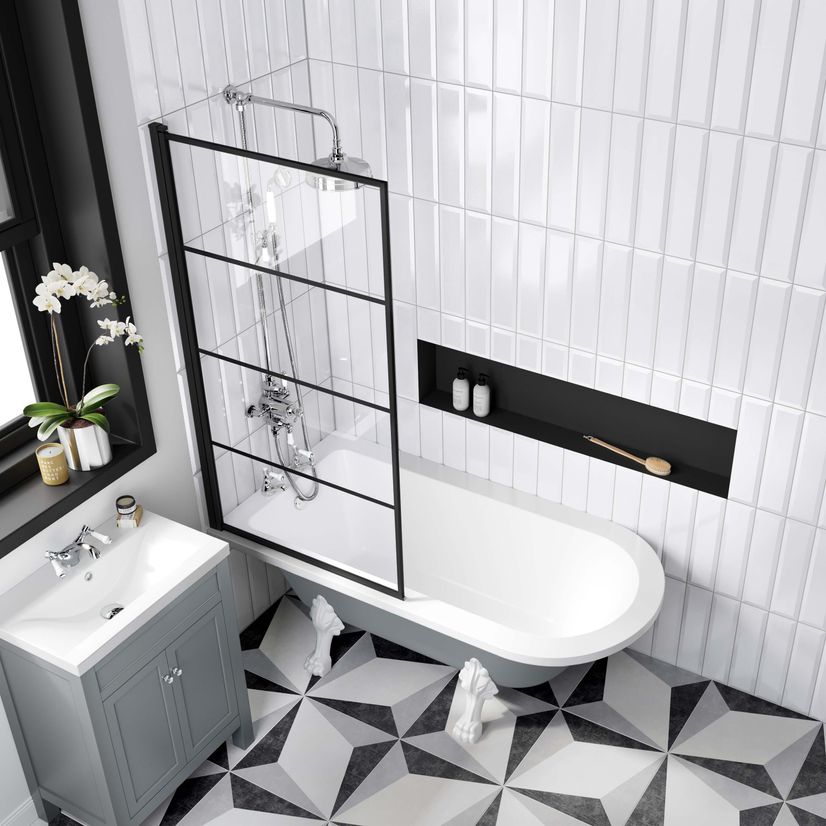 Abingdon 1500 Dove Grey Roll Top Shower Bath - White Claw Feet & 6mm Easy Clean Matt Black Grid Screen