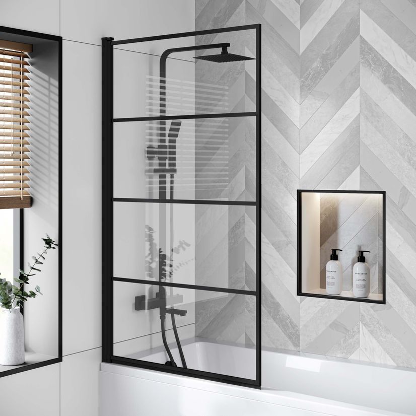 Hereford 1700x700 Square Shower Bath & 6mm Easy Clean Matt Black Grid Bath Screen