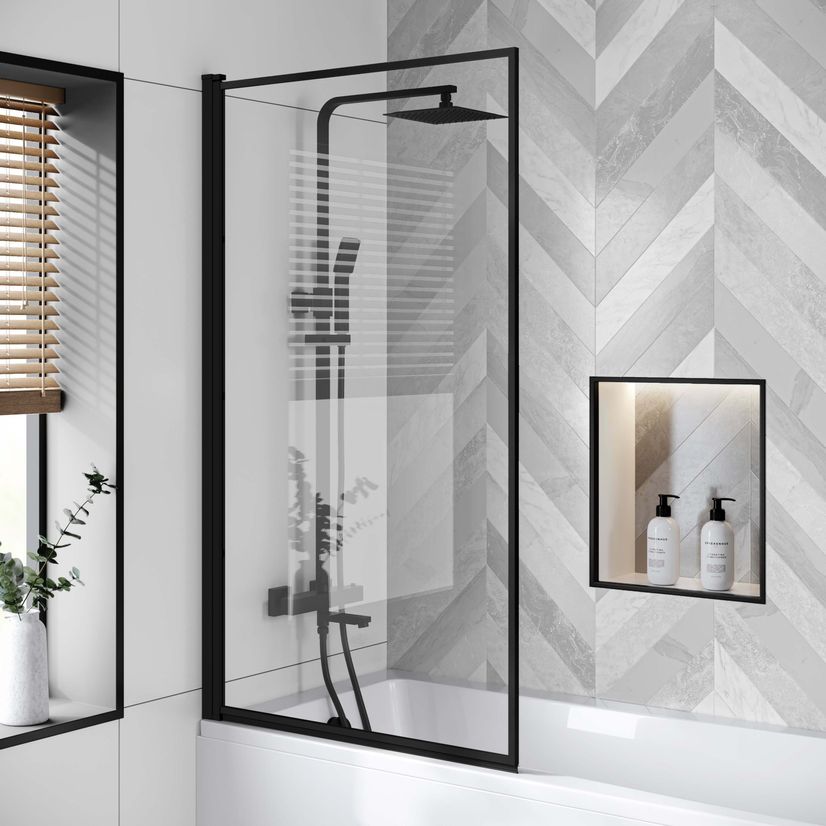 Hereford 1500x700 Square Shower Bath & 6mm Easy Clean Matt Black Framed Bath Screen