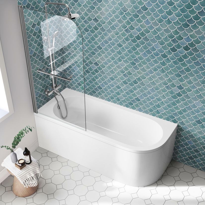 Oakham 1700 Space Saving Shower Bath & 6mm Easy Clean Screen with Rail - Left Handed