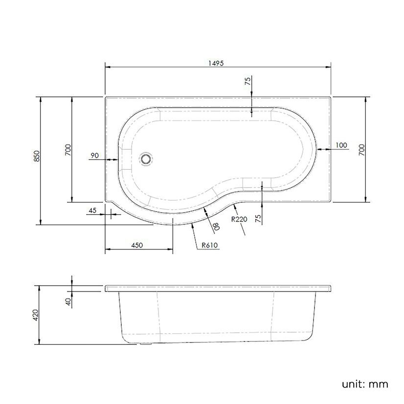 P Shaped 1500 Shower Bath with Front Panel & 4mm Screen with Rail - Left Handed