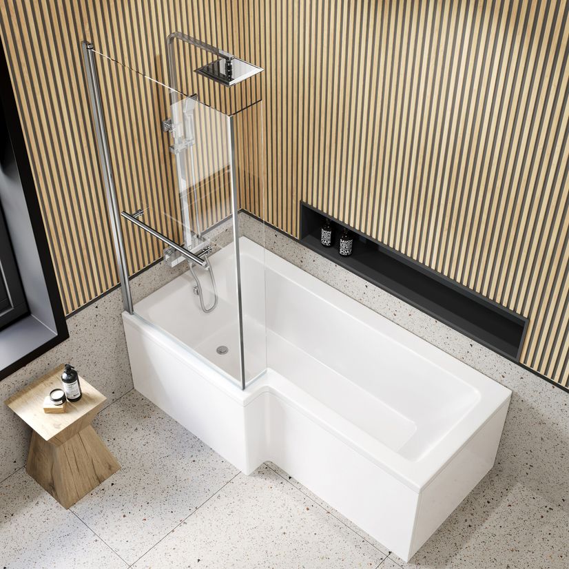 L Shaped 1700 Shower Bath & 6mm Easy Clean Screen with Rail - Left Handed