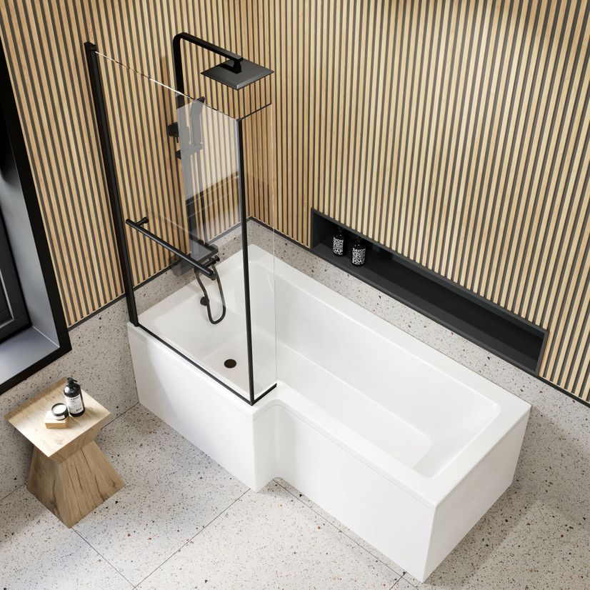 L Shaped 1700 Shower Bath with Front Panel & 6mm Easy Clean Screen with Rail - Left Handed
