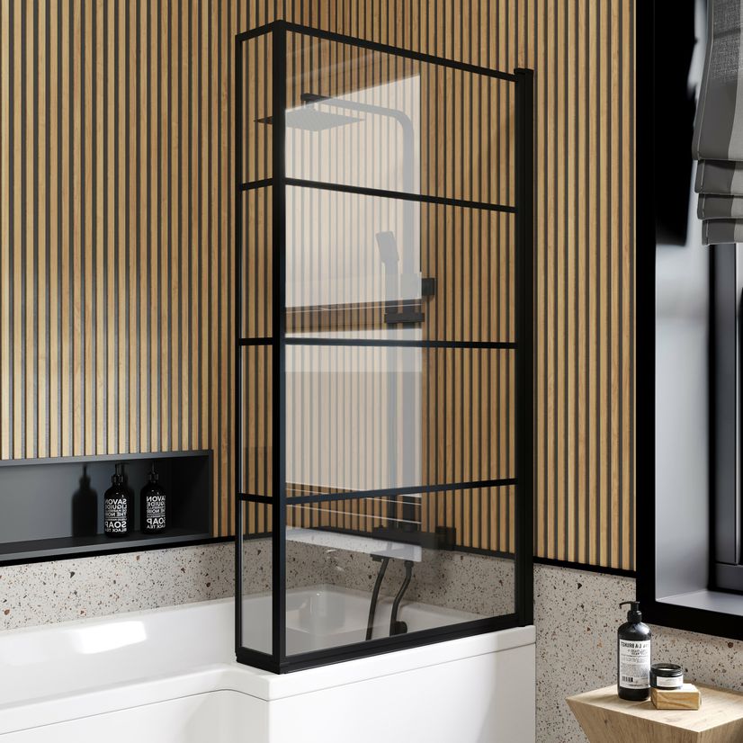L Shaped 1600 Shower Bath with Front Panel & 6mm Easy Clean Matt Black Grid Bath Screen - Right Handed